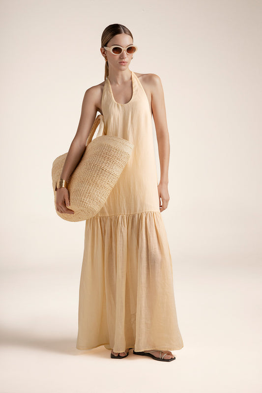 BUTTER YELLOW HALTER DRESS