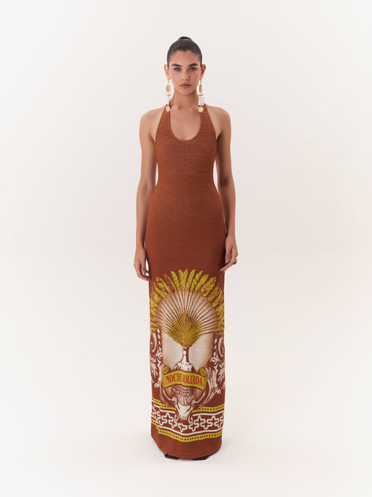 MAXI DRESS HALTER SOLAR BROWN