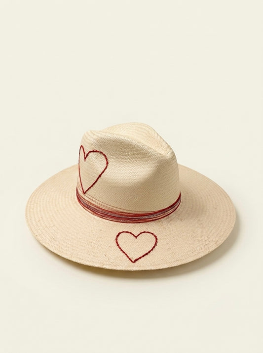 NATURAL WITH RED HEARTS HAT