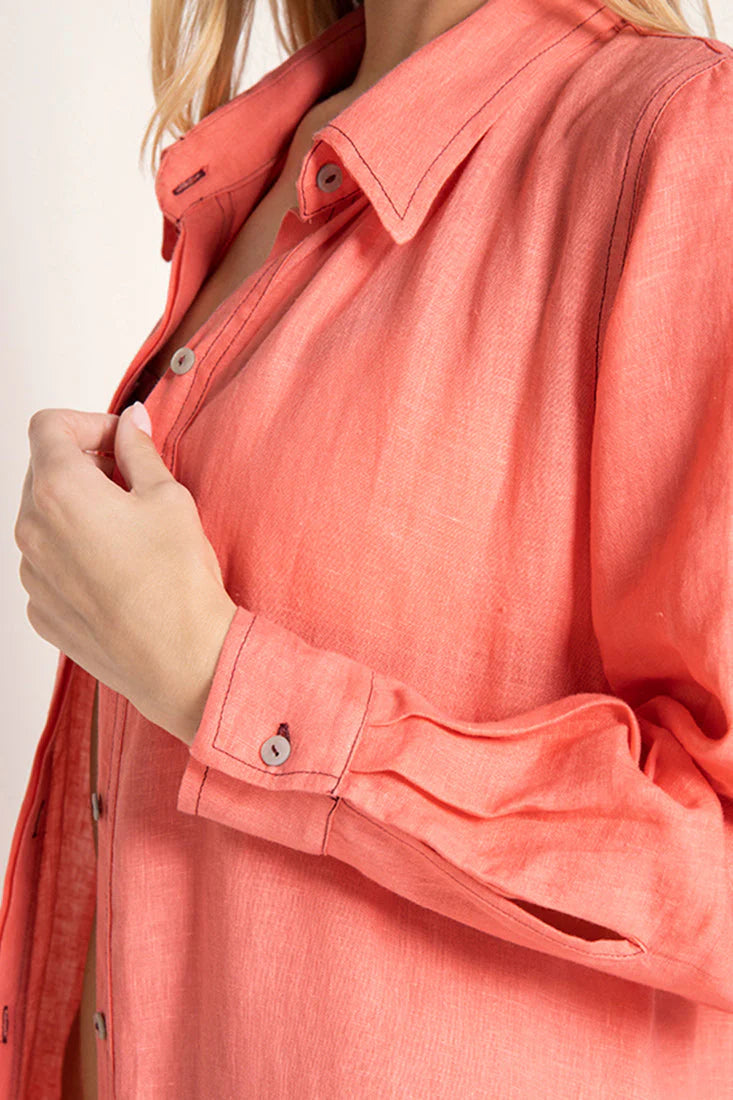 LONG SLEEVE CORAL LINEN SHIRT DRESS