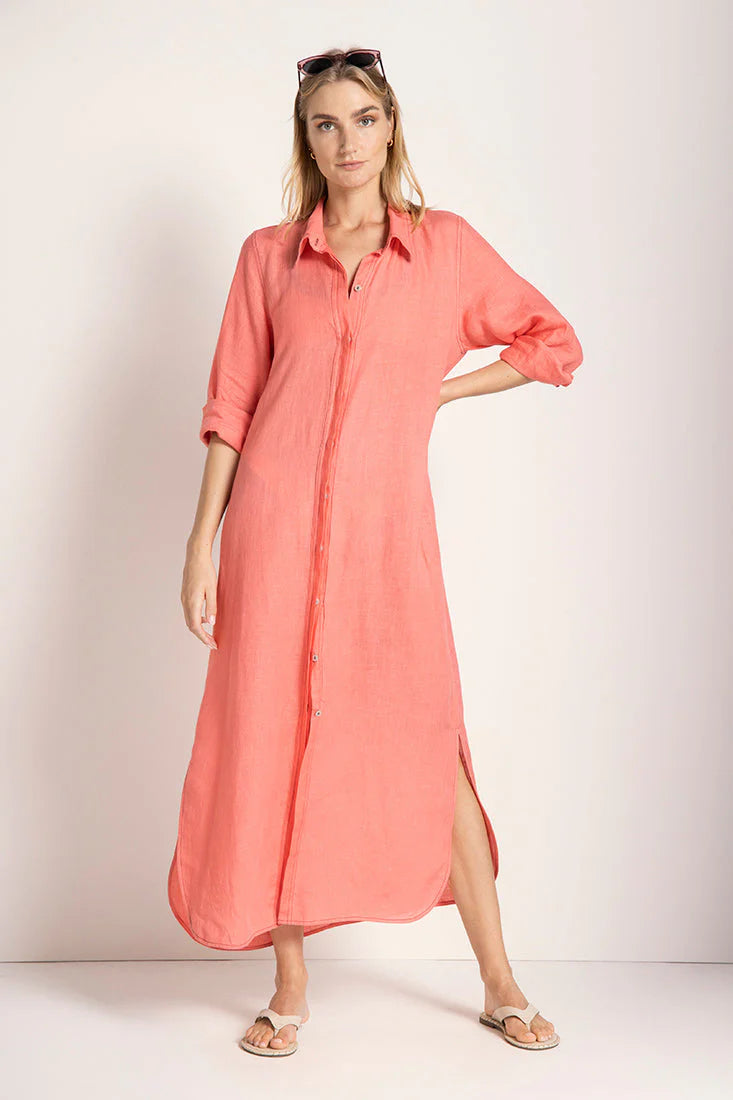 LONG SLEEVE CORAL LINEN SHIRT DRESS