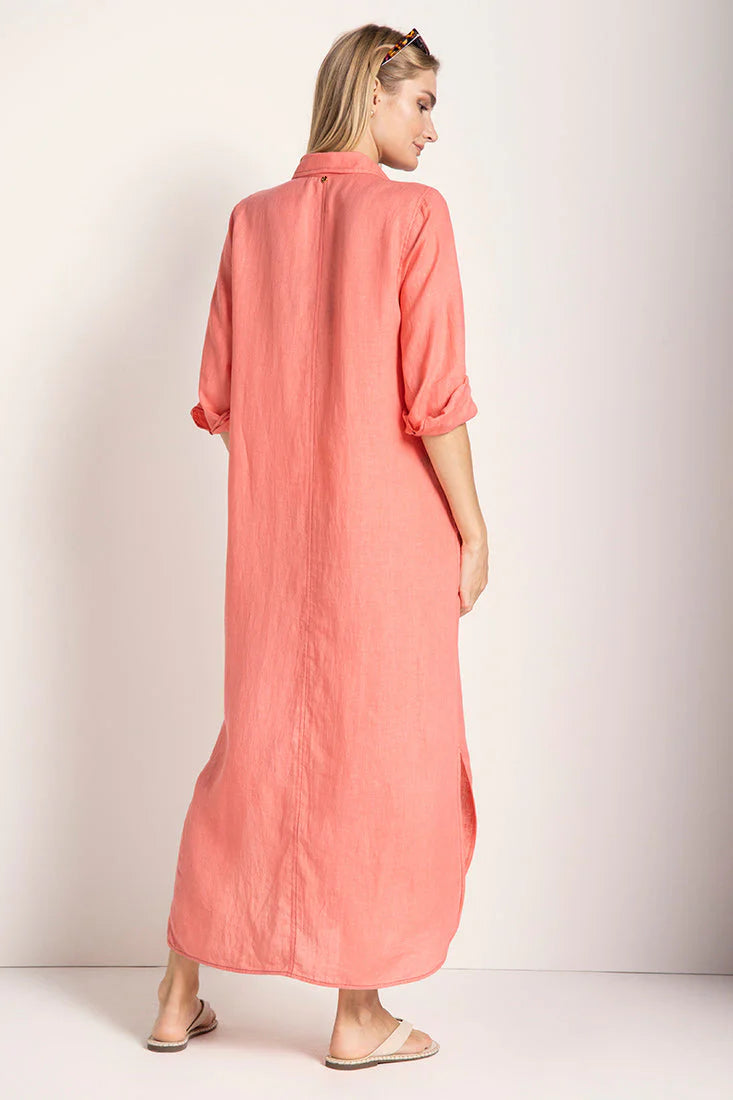 LONG SLEEVE CORAL LINEN SHIRT DRESS