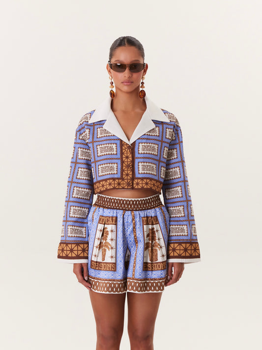 TROPICAL CROPPED BLOUSE BLUE